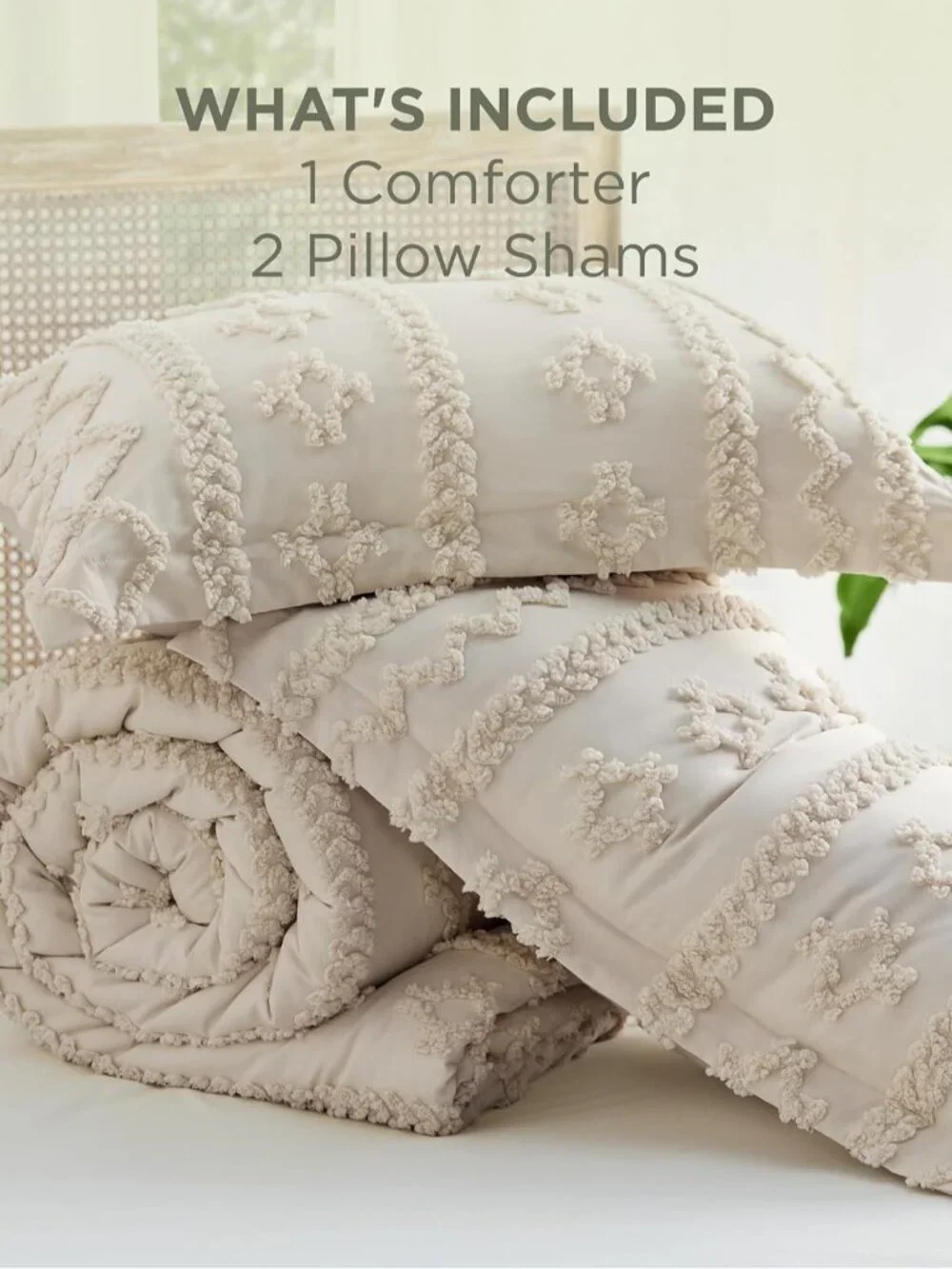 Tufted Boho Comforter Set King Size - Beige Boho Bed Set, GentleSoft 3 Pieces Fa